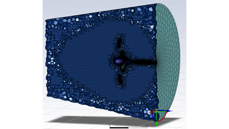 Mosaic hexahedral mesh of a 3D flow domain around a submerged rotor as part of a clean hydropower system